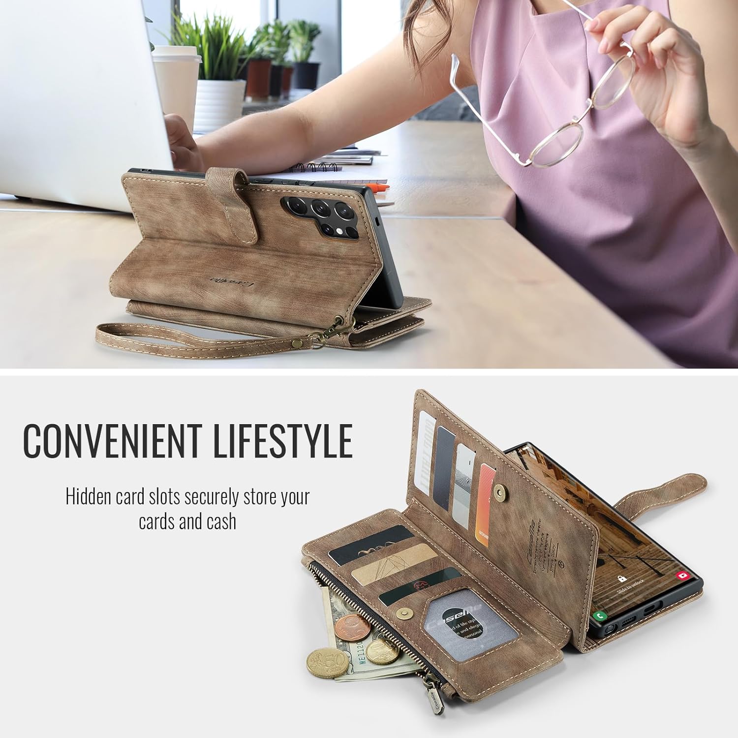 Wallet Case Compatibility with Samsung Galaxy S25 Ultra with Card Holder Kickstand Magnetic Zipper Pocket Lanyard Strap Wristlet,Leather Flip Case Wallet for Galaxy S25 Ultra 6.9 Inch (Brown) - Image 7