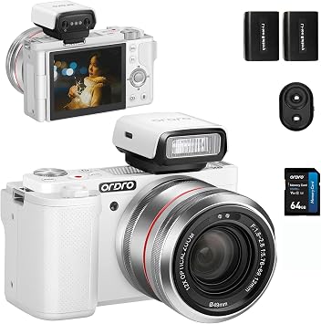 ORDRO G730 5K Digital Camera for Photography, 64MP Auto & Manual Focus Digital Camera for YouTube with 3.2 270 Flip Screen, 12X Optical Zoom Compact Travel Camera with 64G Card, 2 Batteries & Flash