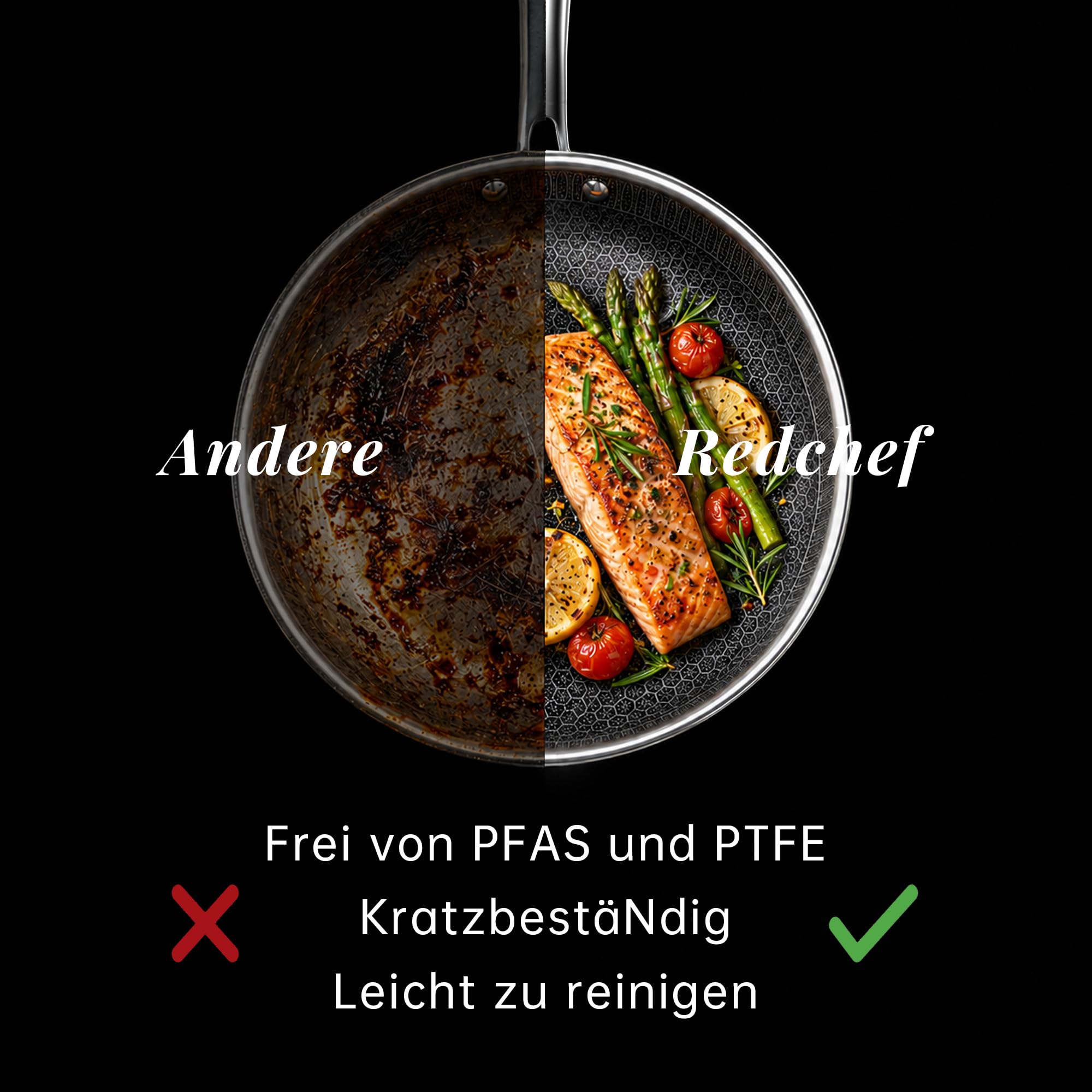 Redchef Hybrid Bratpfanne 26 cm – Edelstahl-Pfanne mit kratzfester Wabenstruktur und Keramik-Antihaftbeschichtung, PFAS- und PTFE-frei, induktionsgeeignet, backofen- und spülmaschinenfest