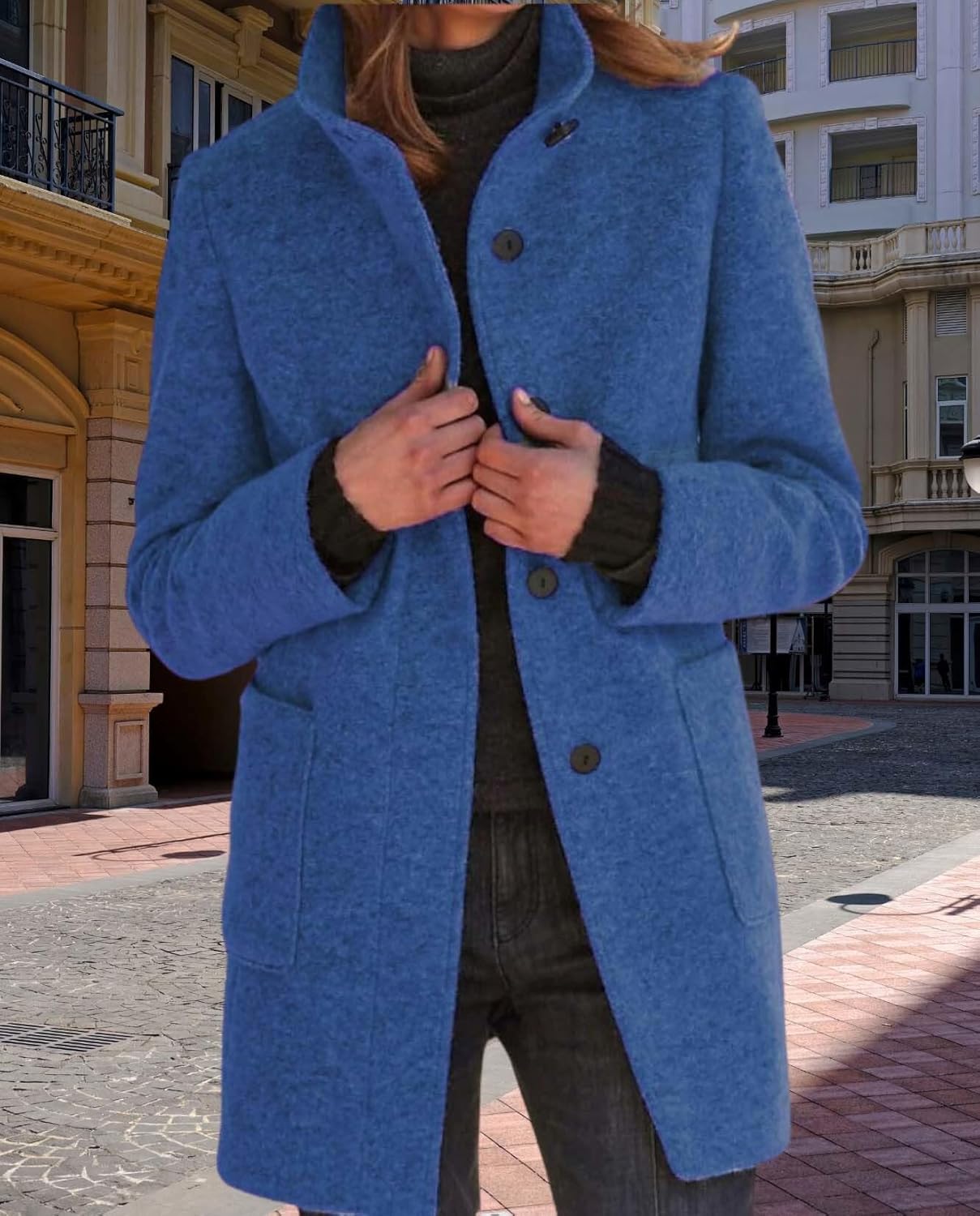 Womens Winter Long Vintage Solid Color Coat Wool Blend Standing Collar Button Thickened Jacket - Image 6