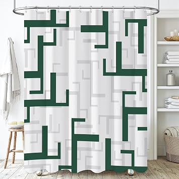 Emerald Green Geometric Fabric Waterproof Shower Curtain Set, 72x72 | Premium Polyester, Weighted Hem, 12 Plastic Hook, Wrinkle-resistant, Quick-Dry, Machine Washable, For Bathroom, Clear Pattern