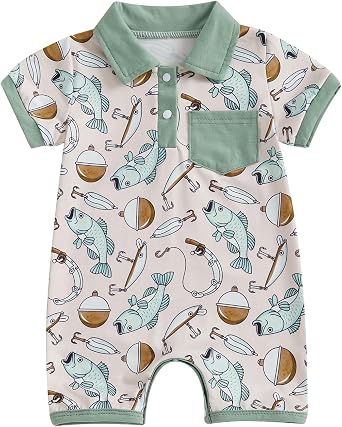 Sasaerucure Newborn Infant Baby Boy Fishing Outfit First Birthday Clothes Summer Short Sleeve Romper Jumpsuit