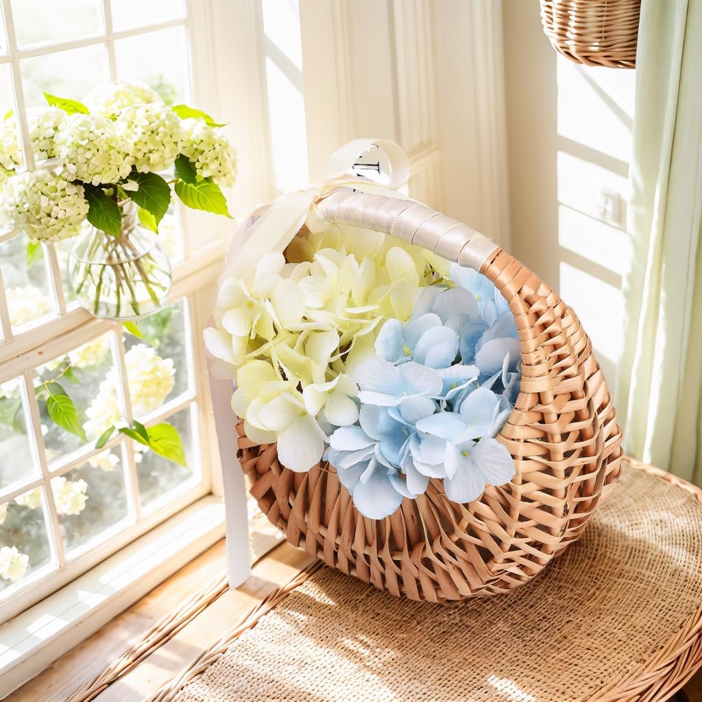2 PCS Wicker Rattan Flower Baskets Small Half Moon Wicker Basket with Handle and Ribbons Wedding Flower Girl Straw Basket Willow Woven Storage for Wedding Party Decor(Brown)(2)