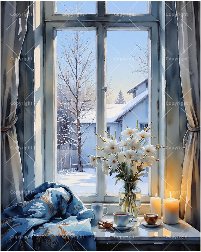 ENTORLAB Cozy Winter Morning Paint by Numbers Kit for Adults - DIY Snow View with Coffee and Flowers Painting on Canvas 16x20In, Acrylic Paint Set, Suitable for Beginners, Art for Decoration or Gifts