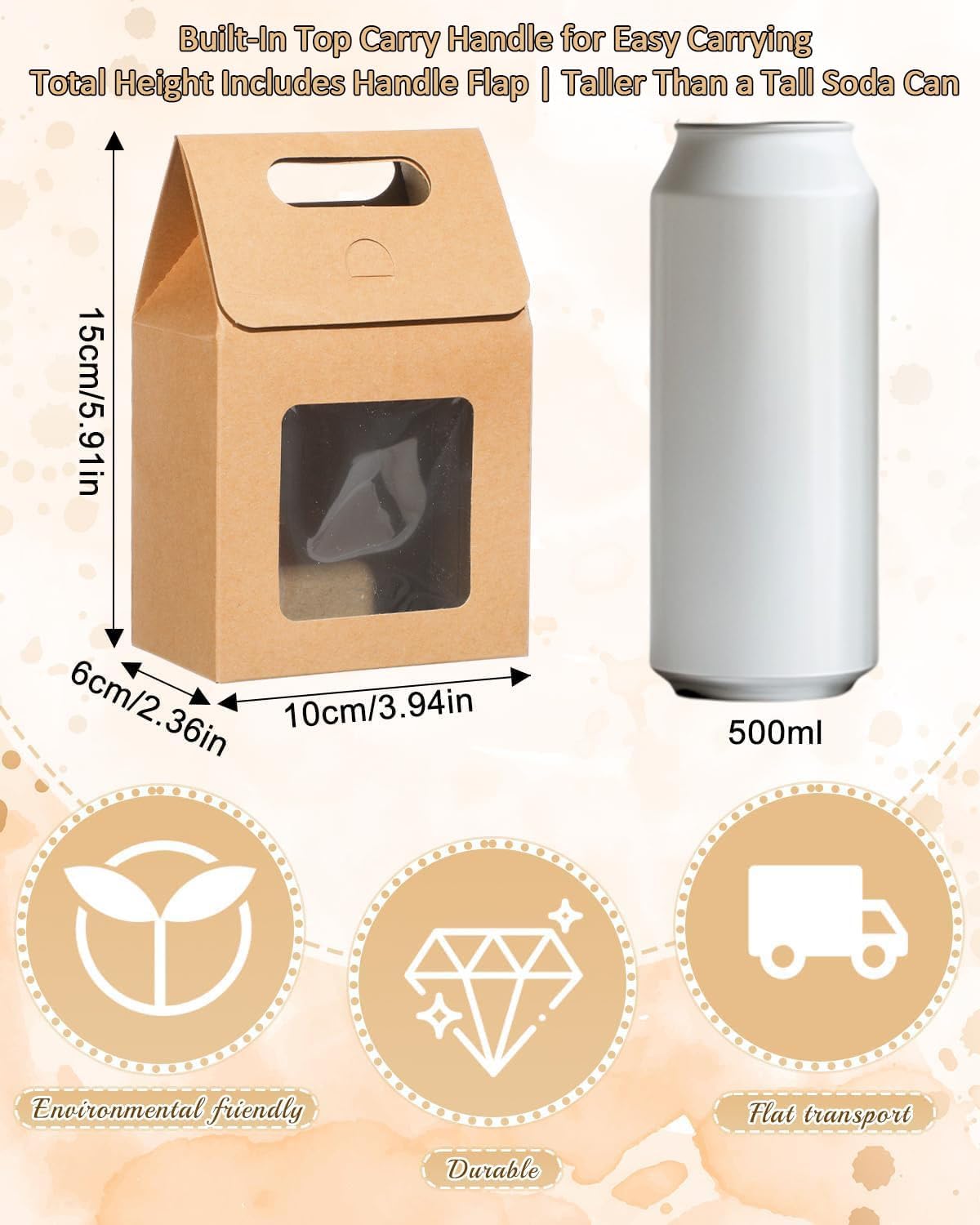 24 Pieces MINI Kraft Paper Gift Bags with Clear Window Small Goodies Gift Boxes with Handle 5.9 x 3.9 x 2.3inch Gable Candy Treat Box for Purim, Bakery Cookies, Wedding Favors, Small Business (brown)