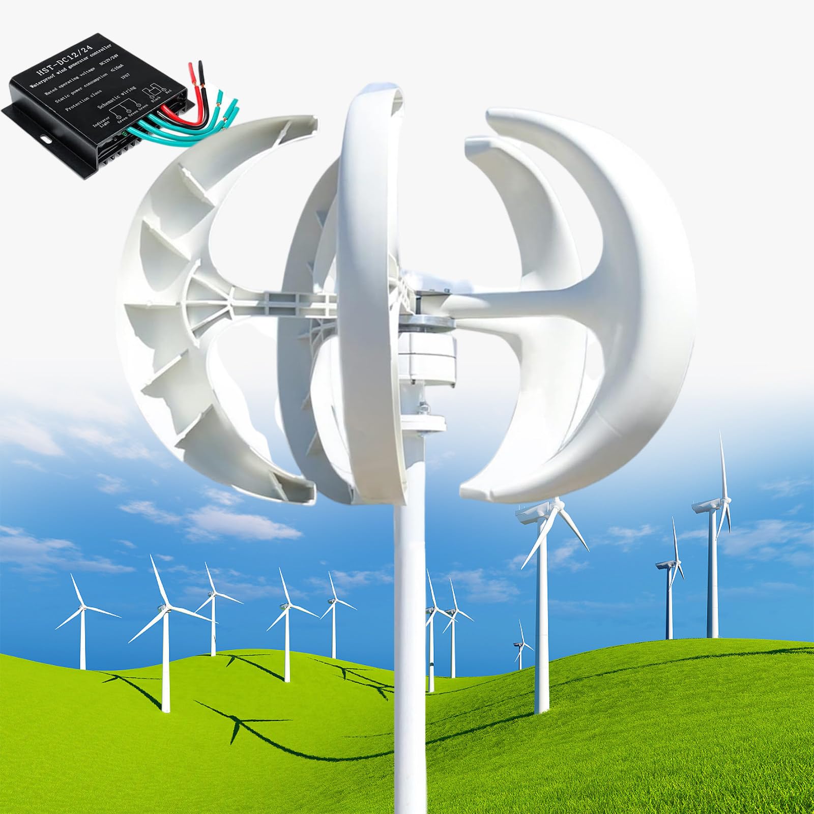 Kit Turbina Eolica Verticale per Casa E Barca - Avviamento A Bassa Velocità Del Vento, Include Regolatore, Soluzione Efficiente Di Energia Rinnovabile per Camper E Vita Fuori Rete