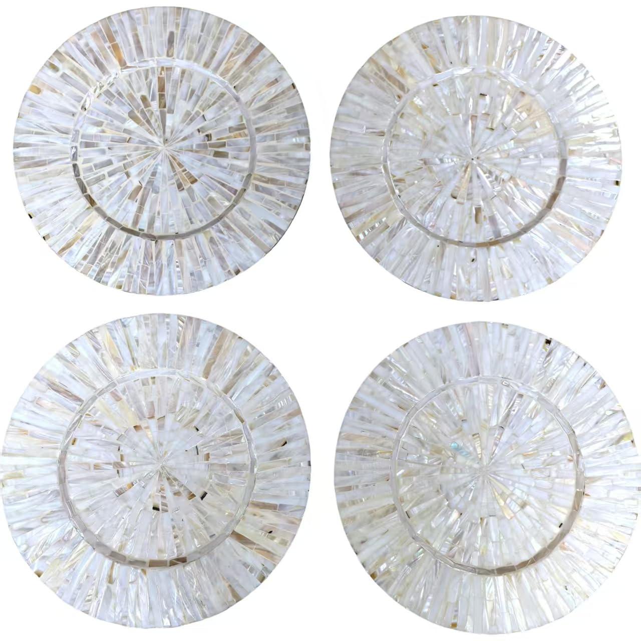 chicapica 13" Set of 4 Wooden Mother of Pearl Charger Plates with Radiating Champagne Gold Inlay - Round Artisanal Placemats - Thoughtful Gift for Weddings, Christmas & Housewarmings