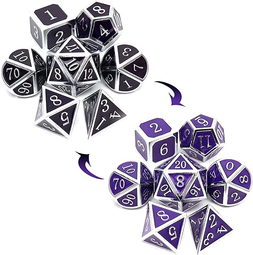 Haxtec - Juego de dados metálicos para Calabozos y Dragones (DND, D&D), 7 unidades con dados de 20, 12, 10, 8, 6 y 4 para juegos de rol de mesa