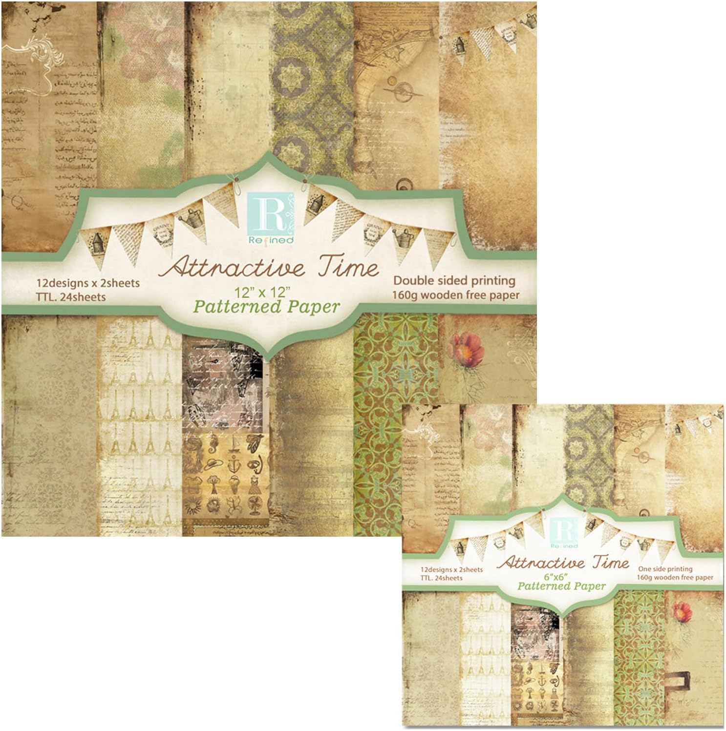 48 Sheets Vintage Scrapbook Paper,12x12 6x6 160gsm Scrapbooking Paper Pad Single-Side Printing Junk Journal Cardstock Craft Paper Supplies for Art Album Card Making Decorative Background