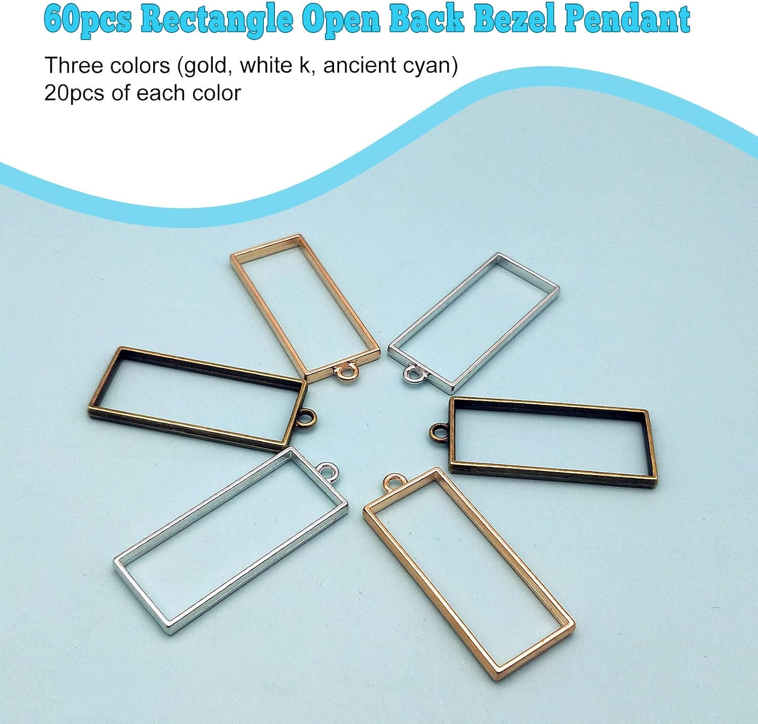 Huwujiu 60pcs Open Bezel for Jewelry Making,Open Back Bezel Pendants Hollow Mold Pressed Flower Rectangle Pendants for Jewelry Findings DIY Resin Pressed Flow(Golden, White K, Ancient Cyan)