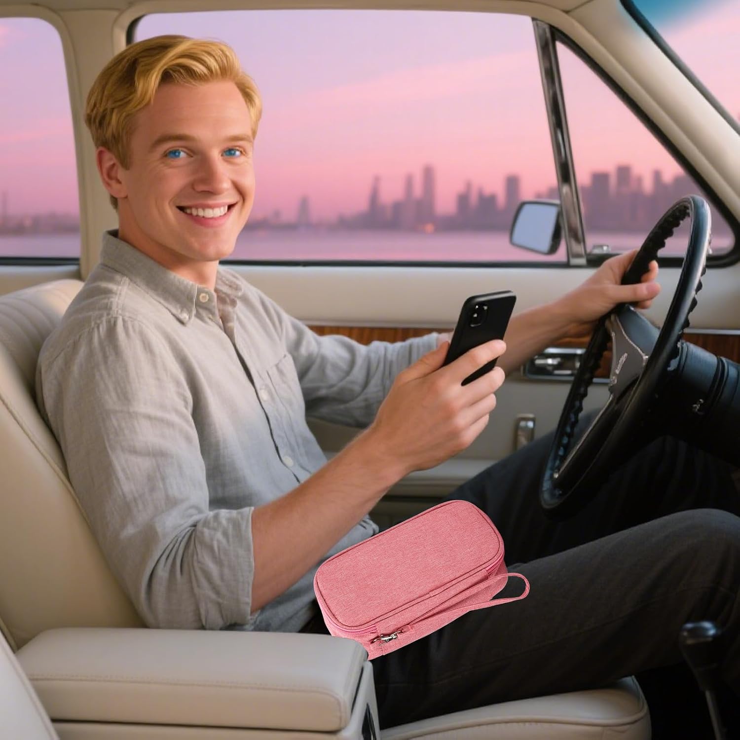 Lyreh Car Phone Cooling Bag, Cooling Bag for Cell Phone to Prevent Overheating Extends Battery Life Thermal Cellphone Case Fits All Cellphones with 2 Reusable Ice Packs (Pink)