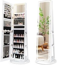RELAX4LIFE Schmuckschrank, Schmuck Spiegelschrank stehend, Standspiegel mit LED-Lichtern, mit Ganzkörperspiegel, 3 Ablagen, 360° drehbar, abschließbar, mit Schlüsseln(Weiß)
