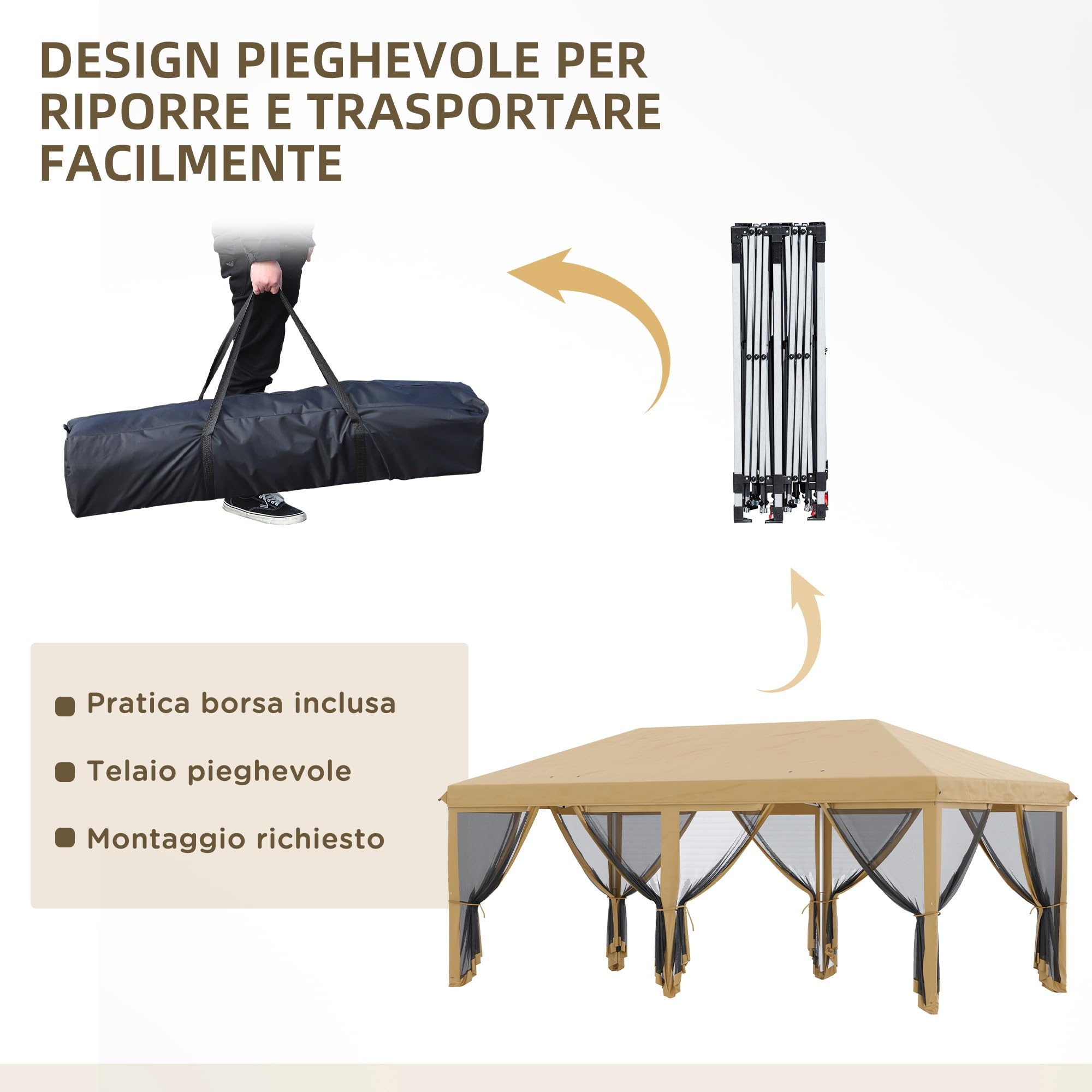 Outsunny Gazebo Pieghevole 6x3 Pop Up con Zanzariere, Acciaio, Tessuto Oxford, Beige