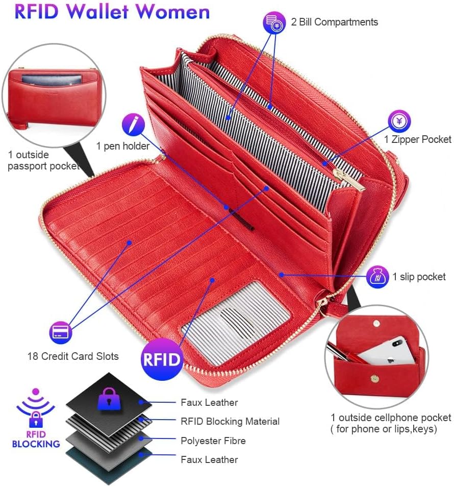 nuoku RFID Blocking Wristlet Wallet for Women, Zip-Around Crossbody Clutch with 2 Removable Straps, Red