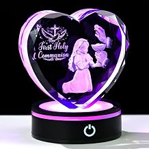 Ornalrist 3D Crystal First Holy Communion Gifts for Girls Her Crystal Heart Laser Engraving Communion Baptism Statue for Women with Colorful Light Base Glass Religious Christian Catholic Decor