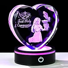 Ornalrist 3D Crystal First Holy Communion Gifts for Girls Her Crystal Heart Laser Engraving Communion Baptism Statue for Women with Colorful Light Base Glass Religious Christian Catholic Decor