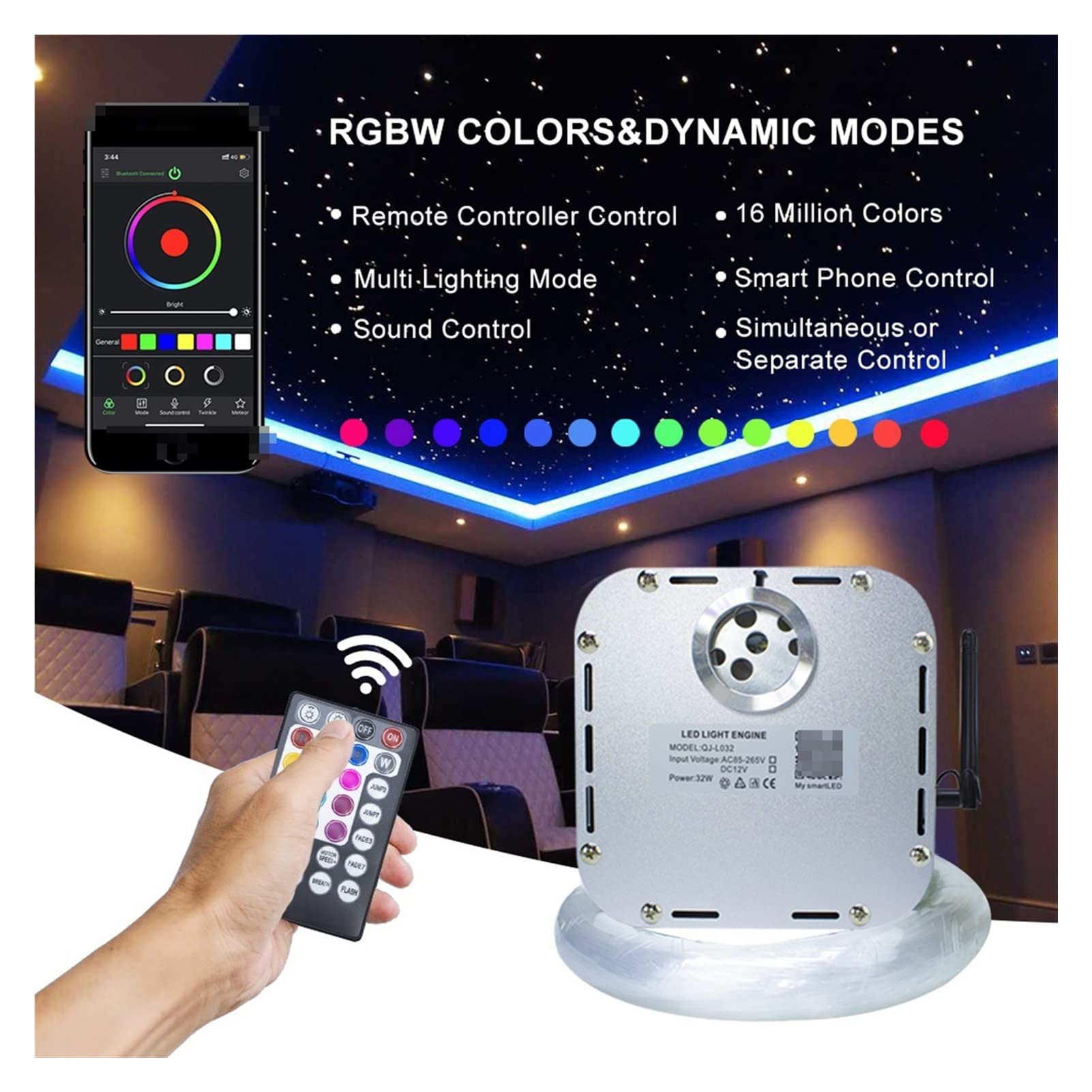 Starlight Headliner Kit, LED Fiber Optic Light Kit 32W RGB Twinkle Effect RF Controller 800pcs/1000pcs Optical with APP(1000pcs 0.75mm 5M)