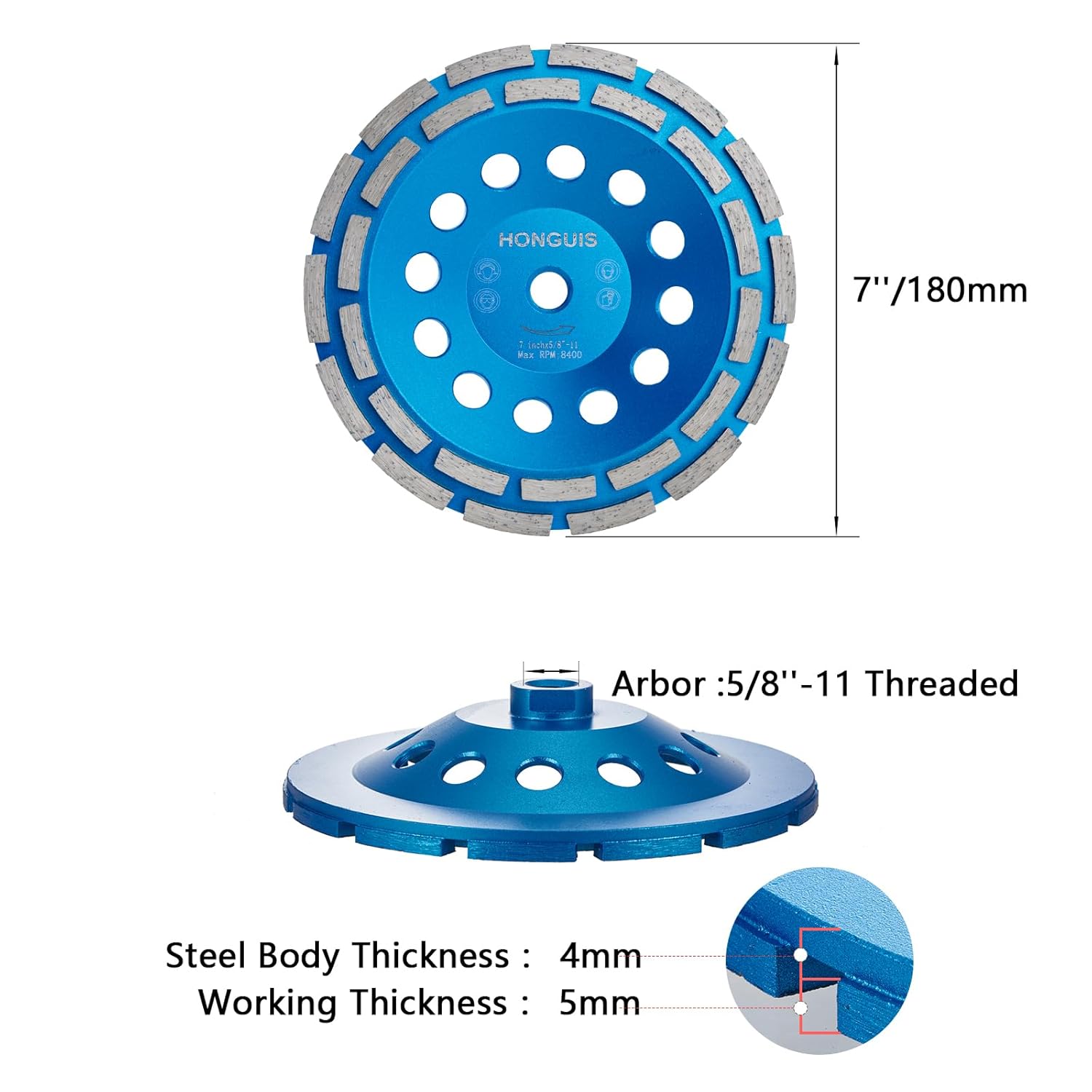7 inch Concrete Grinding Wheel,5/8"-11 Threaded Arbor Diamond Cup Wheel Double Row for Granite Marble Masonry Stone with Concrete Grinder