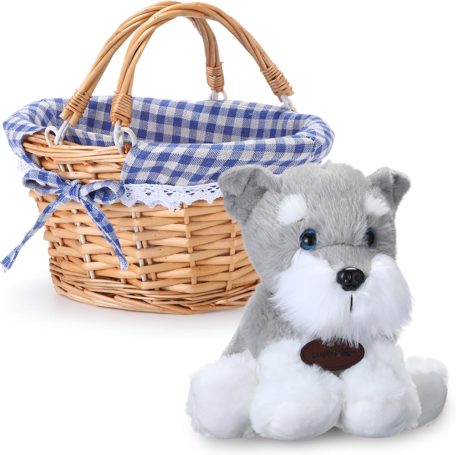 2 Pack Halloween Costumes Terrier Stuffed Animal Wicker Picnic Basket 10.6" Rectangular Wicker Picnic Basket with Double Folding Handles for Gifts Halloween Costumes(Blue,Plaid Style)