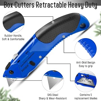 DIYSELF 1 Pack Box Cutter Knife, Utility Knife Retractable with 4pcs Blades