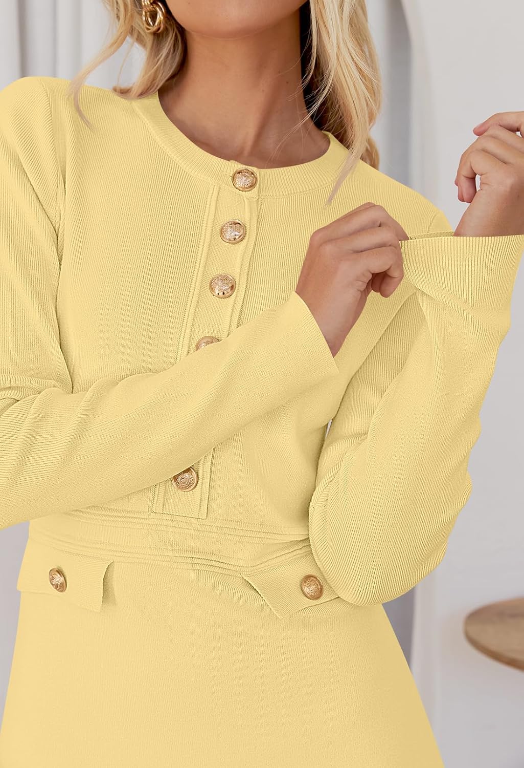 MEROKEETY Women's Fall 2026 Long Sleeve Bodycon Sweater Dress Button Crew Neck Winter Formal Mini Dresses