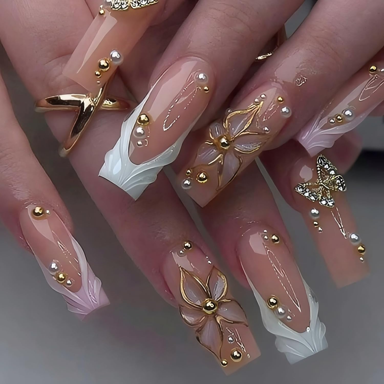 Luxury Square Press on Nails Medium Summer French Tip Acrylic Fake Nails with Embossed Flowers&Pearls Designs False Nails for Women Bridal Date Night Birthday Party Manicure-24Pcs