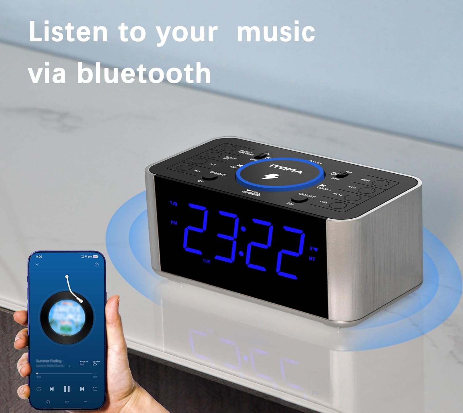 iTOMA CKS512 Alarm Clock Radio connected via Bluetooth to a smartphone playing music.