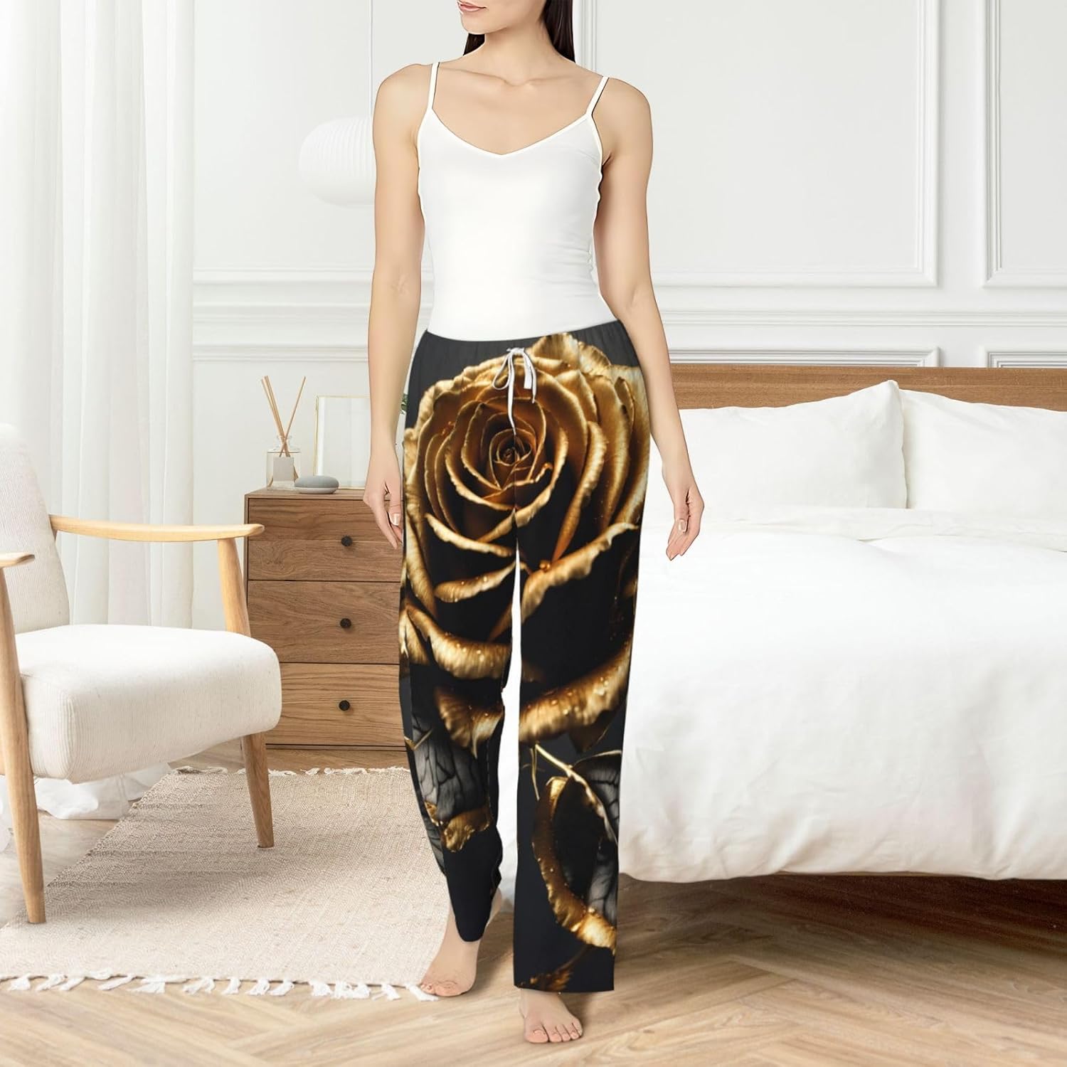 Black And Gold Flowers Print Fashion Cozy Womens Flannel Pajama Pants,Perfect For Christmas And Everyday Wear