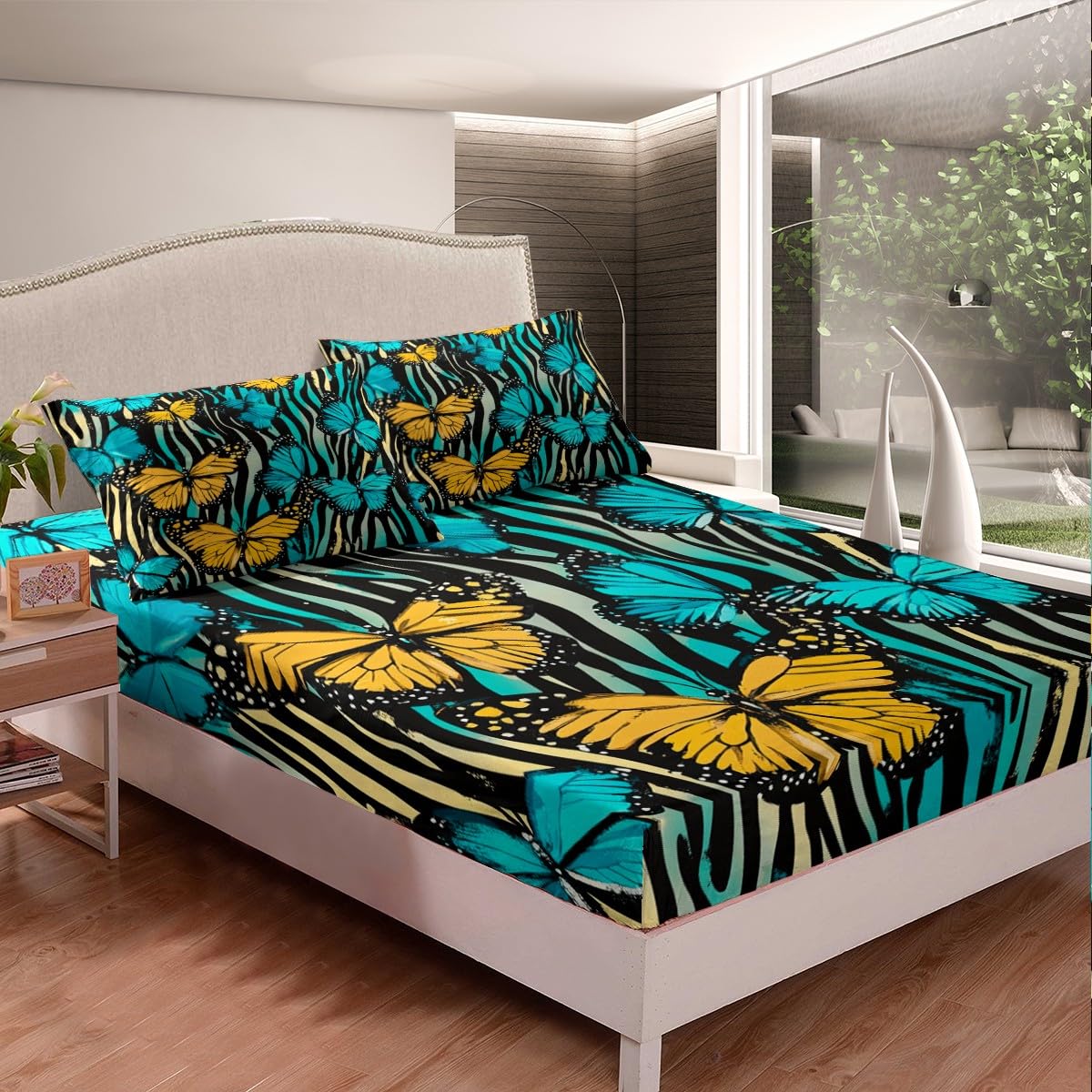 UEVBF Dream Blue Butterfly Fitted Sheet Queen Set - Boho Bedding For Kids Room - 1 Sheet & 2 Pillowcases - Microfiber