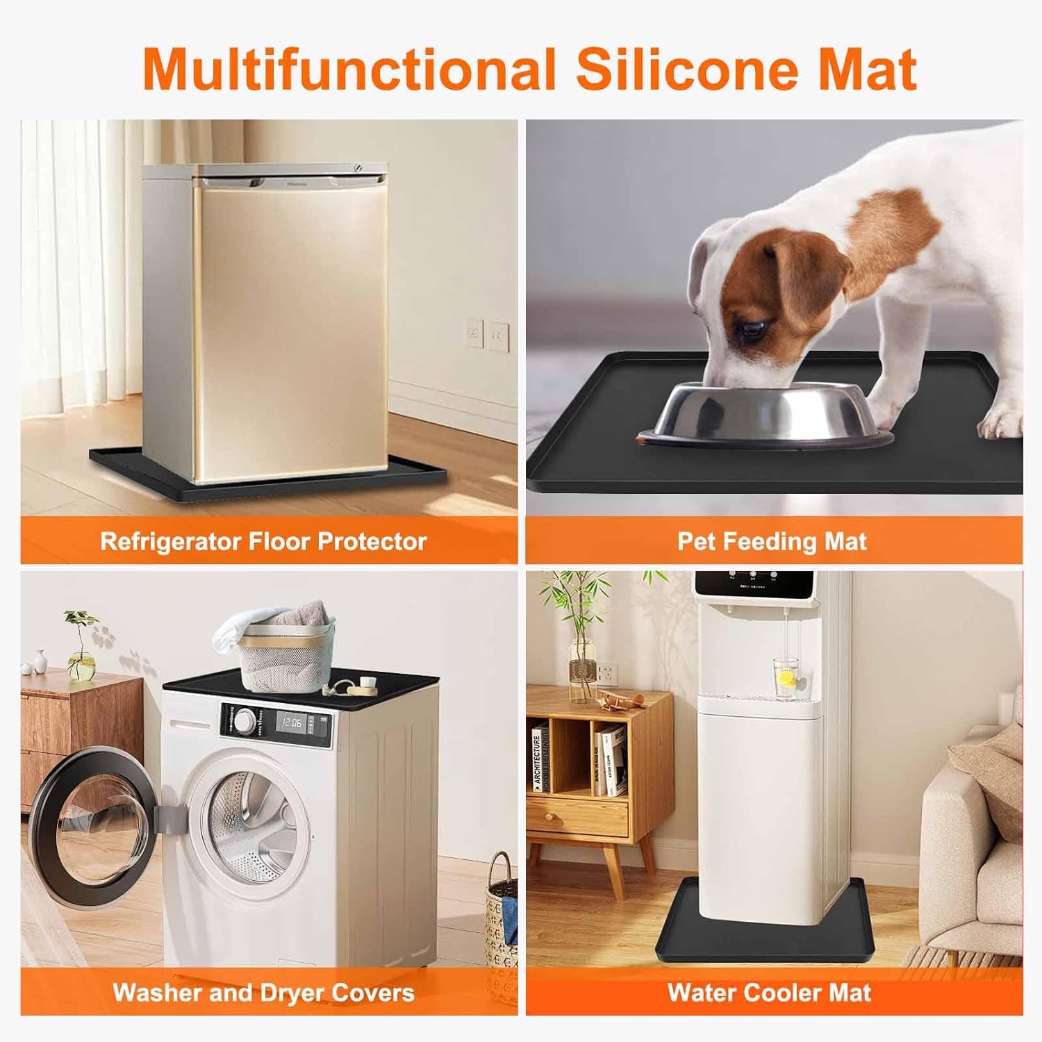 Water Cooler Mat, 24x16x0.8 Inch Non-Slip Thick Under Water Dispenser Silicone Mat With Raised Edges, Leak-Proof Air Conditioner Drip Pan For Carpet Floor Protection, Black