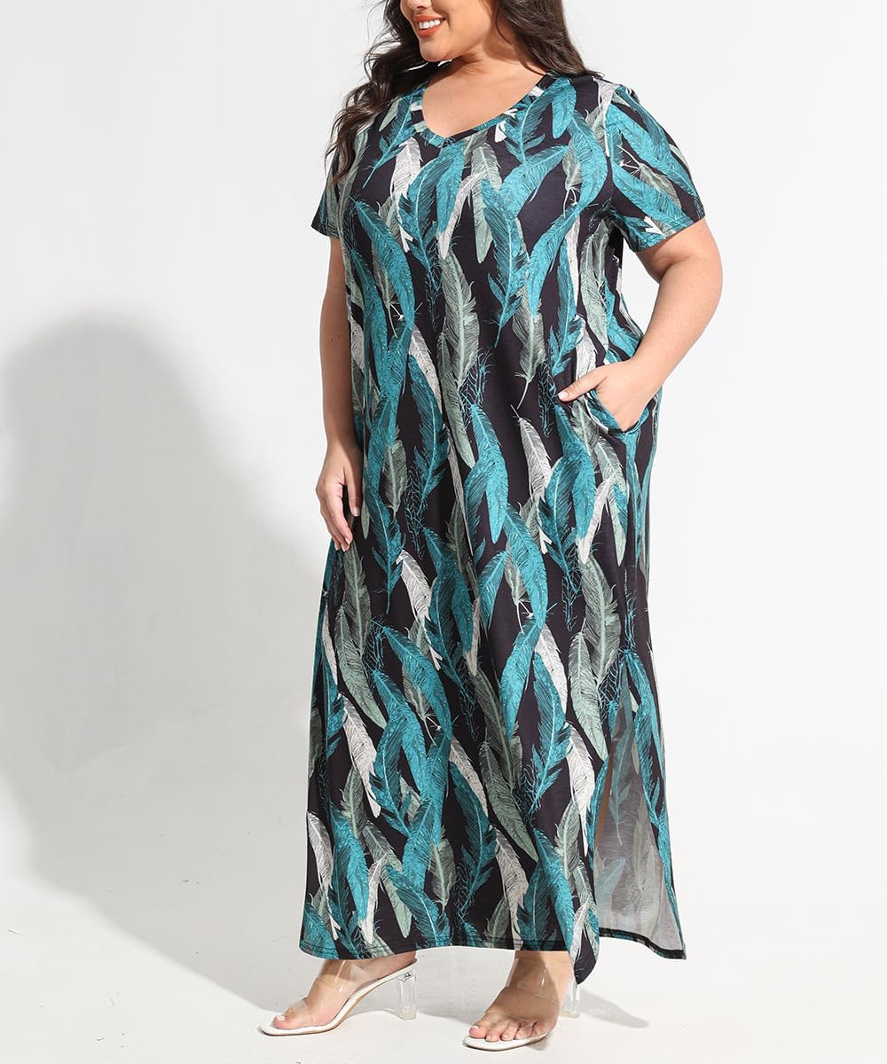 RITERA Plus Size Dresses for Women V Neck Casual Loose Pocket Short Sleeve Slits Maxi T Shirt Dress Summer Sundress XL-5XL - Image 6