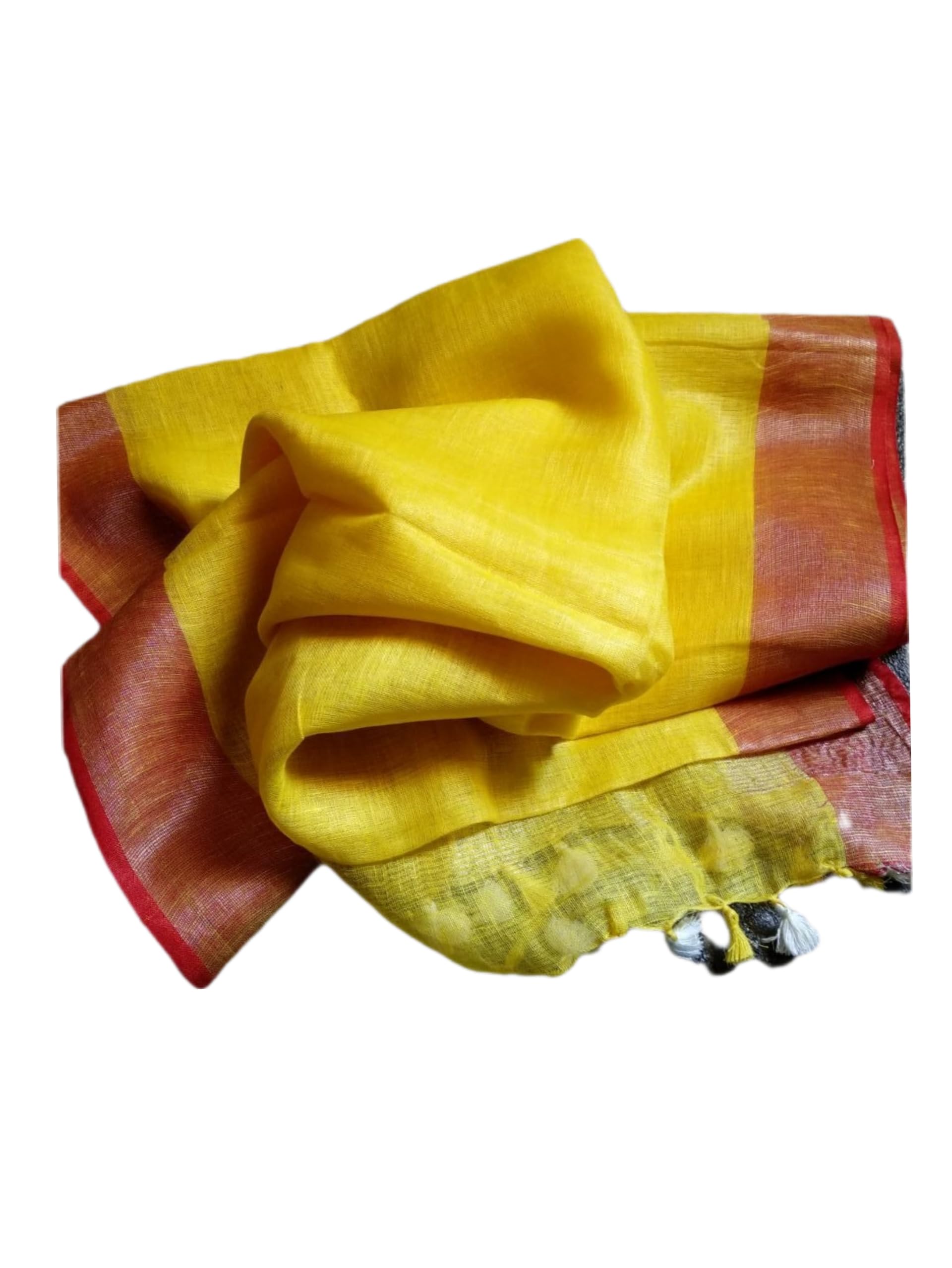 Women's Handwoven Designer Border Linen Cotton Dupatta, Traditional Stole, 2.45m Full Size (Red_Yellow)-picture-16