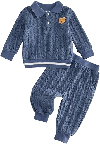 Giraropa Toddler Baby Boy Clothes Bear Embroidery Sweater Sweatshirt Long Sleeve Sweatsuit 2Pcs Pant Set Fall Winter Outfits