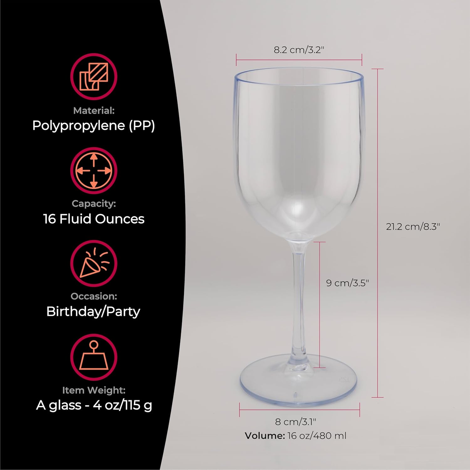 FOX & GRAPES Plastic Stemmed Wine Glasses | Unbreakable/Shatterproof, Reusable, Food Safe, Dishwasher Safe, For Birthday and Party, 16oz (Clear, Set of 12)