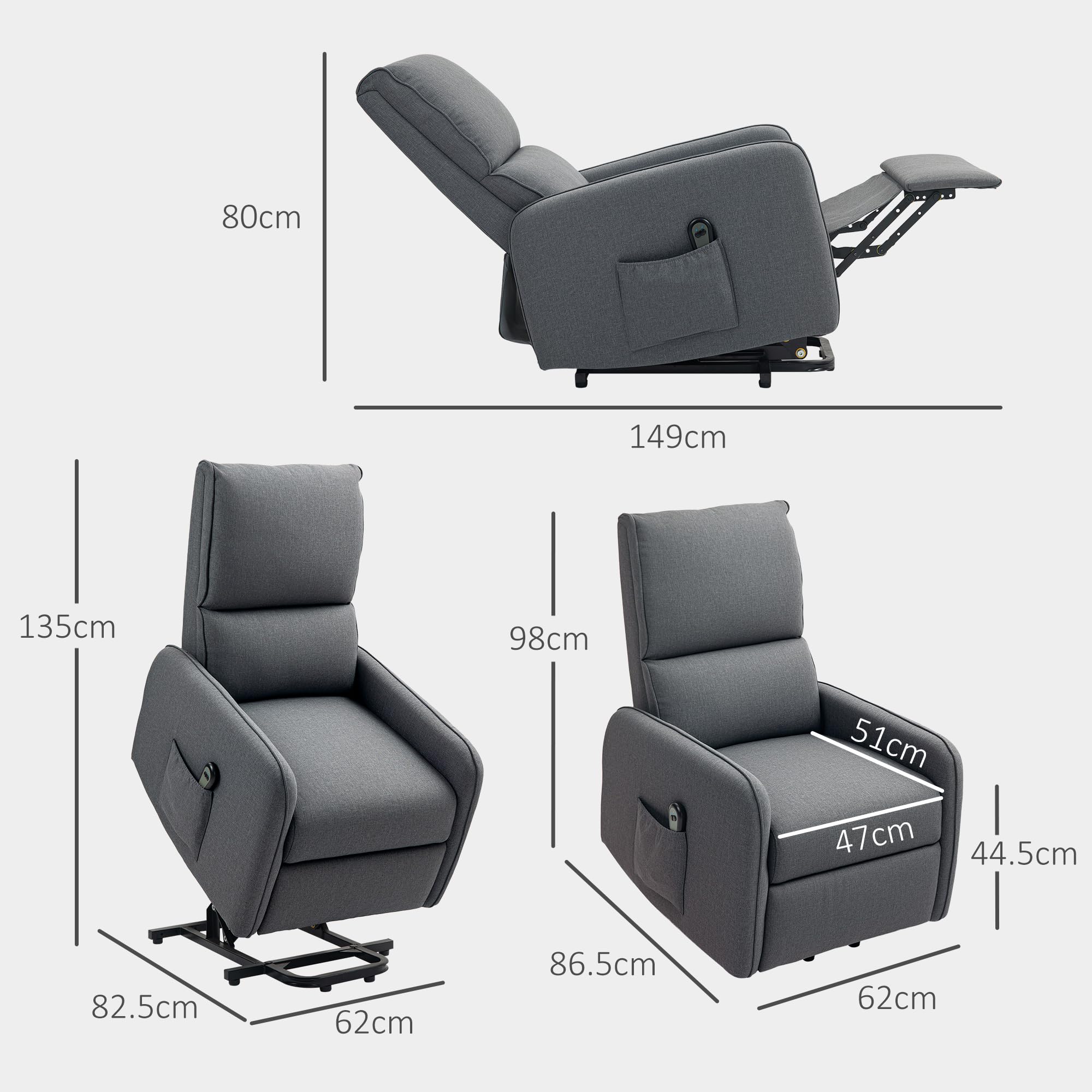 HOMCOM Poltrona Elettrica Alzapersona Reclinabile 135°, Poltrona Relax Elettrica in Tessuto Effetto Lino con Telecomando, Poggiapiedi e Tasca Laterale per Soggiorno e Camera da Letto, Grigio Carbone