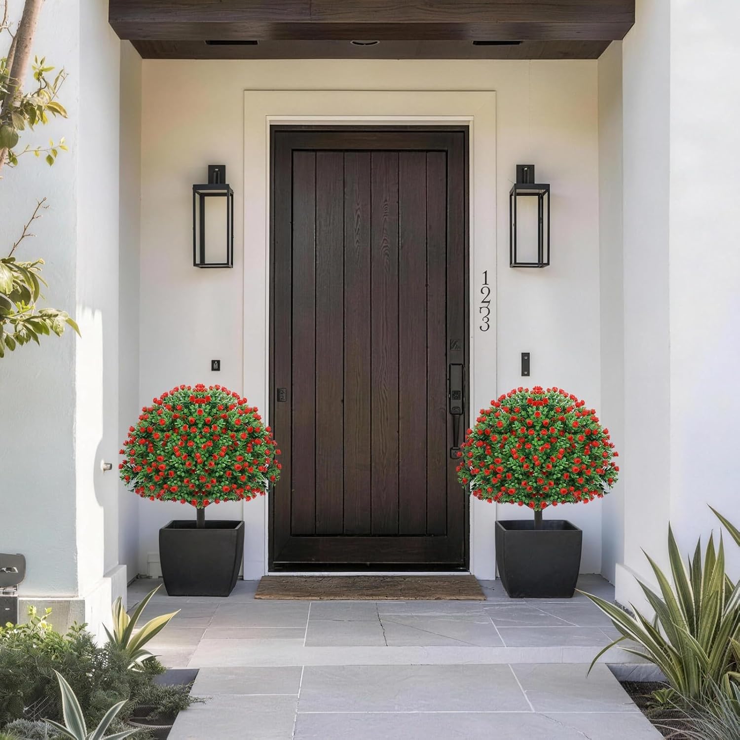 24’’ Artificial Rose Topiary Ball Trees with Ground Spike - Set of 2 Outdoor Boxwood Bushes, Faux Greenery Shurbs for Garden Yard Front Porch Patio Decor