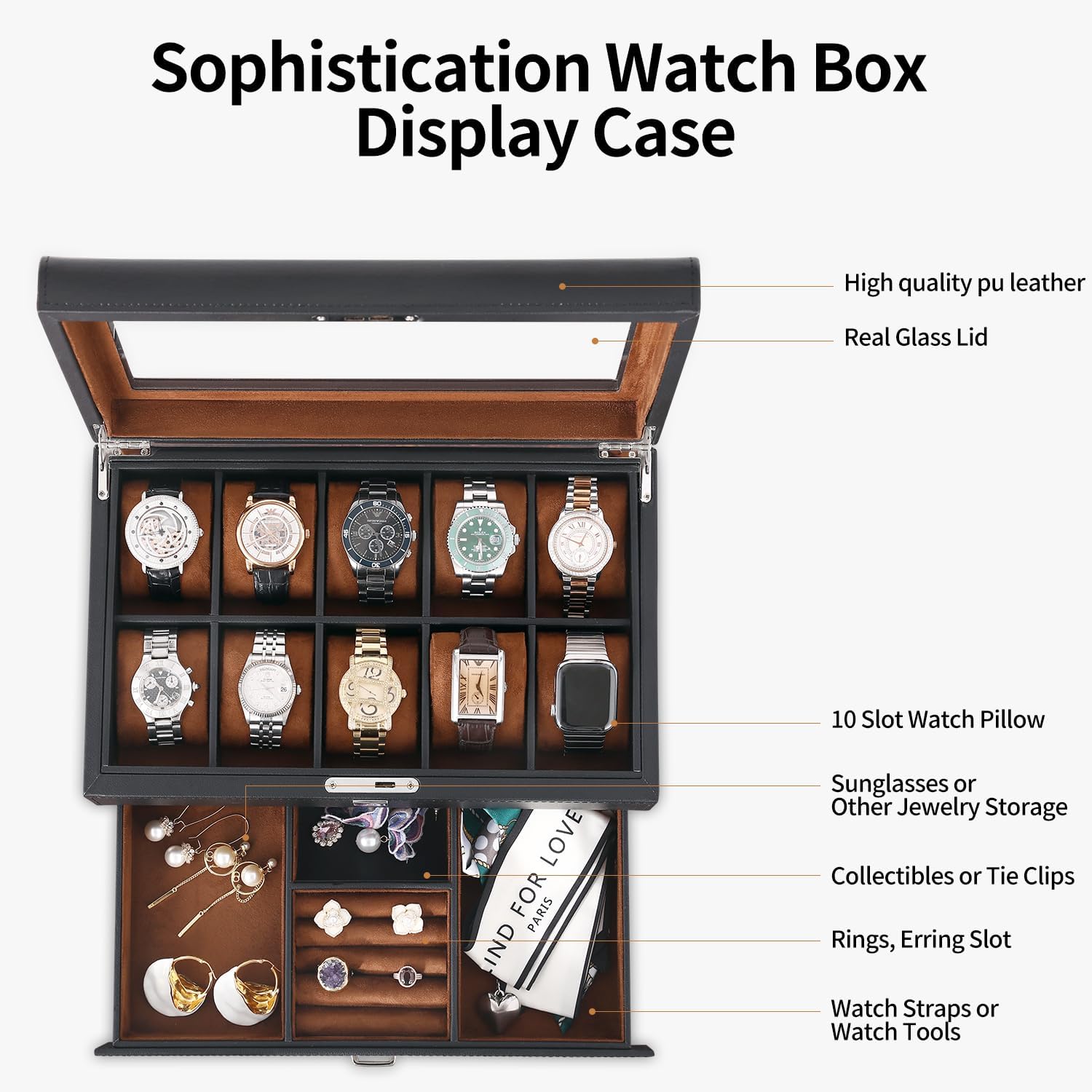 10-Slot Watch Box With Valet Drawer, PU Leather Watch Display Case | Soft Microsuede Liner Guards Timepieces, Split Drawer Holds Cufflinks, Rings & Shades, Premium Mens Accessory Storage Gift