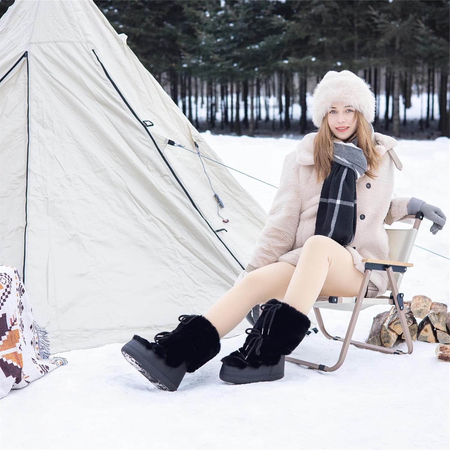 Faux Fur Snow Boots for Women,Furry Fuzzy Fluffy Womens Boots Lace-up Winter Warm Fur Lined Mid-Calf Non-Slip Ski Boots - Image 7