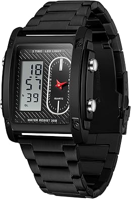 findtime Cool Rectangle Watches for Men Black Stainless Steel Mens Wristwatch with Digital Analog Dual Time Relojes para Hombres Dress Unique Designer Sport Watch