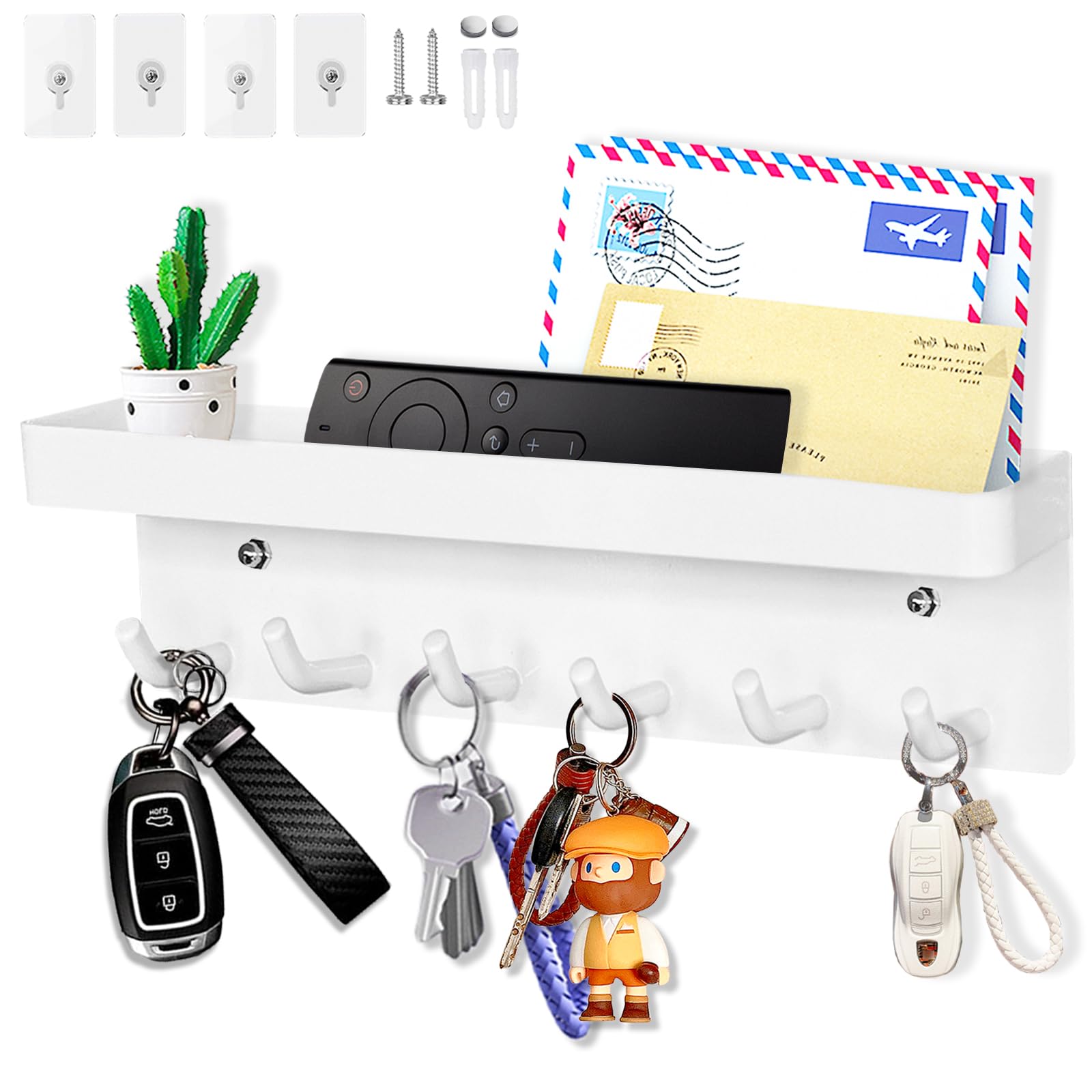 6 Ganchos Cuelga Llaves Con Estanteria, la Multifuncional Autoadhesivo a Prueba de óxido Metal Colgador Llaves Pared Adecuado para Entrada, Cocina, Oficina, Baño y sala de estar (Blanco)