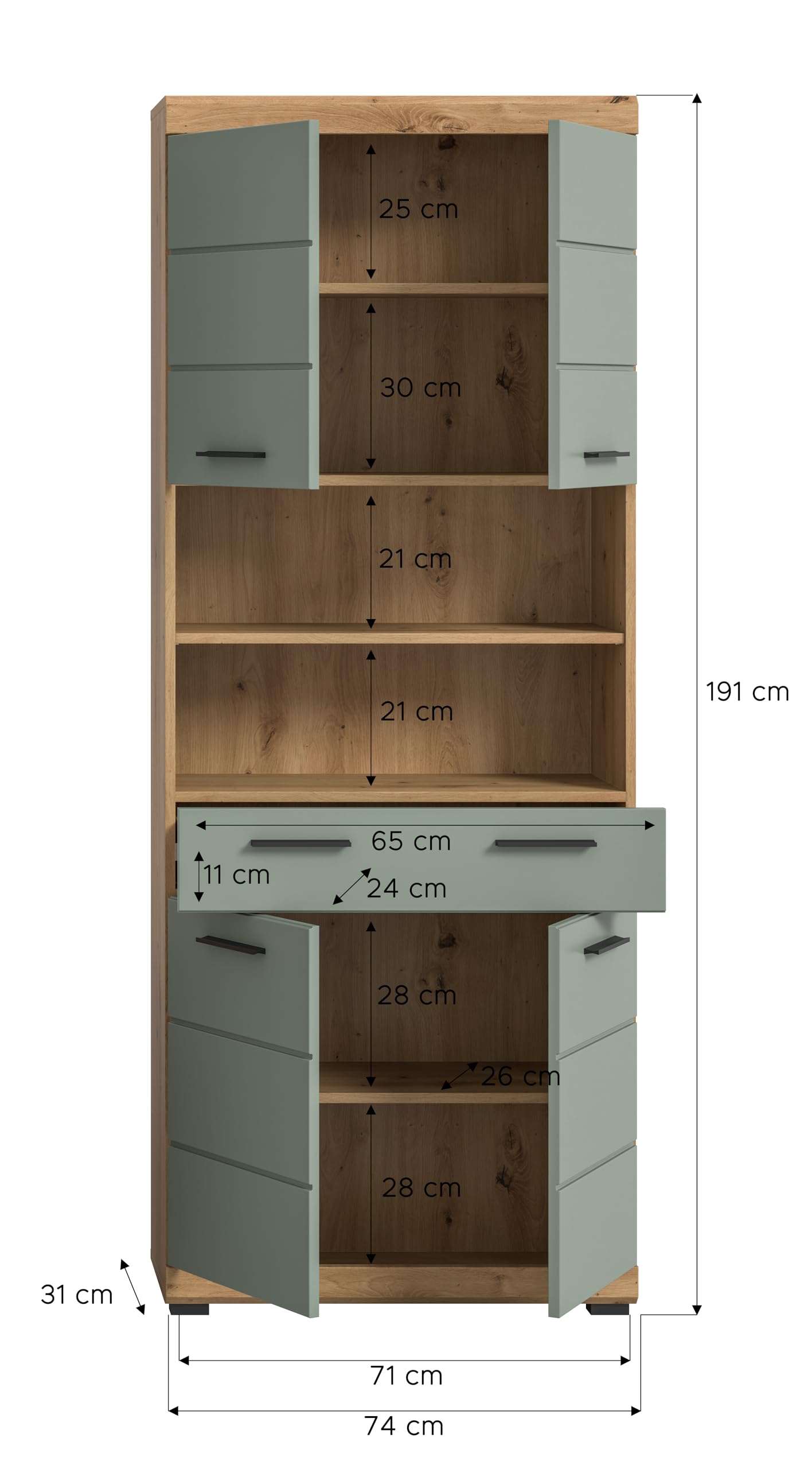 xonox.home - Hochschrank Scout 74x191x31 cm in Artisan Eiche und Salbei - Badmöbel Badset Badezimmerkombination - nordisches Design robust und langlebig hochwertig verarbeitet – Bild 3
