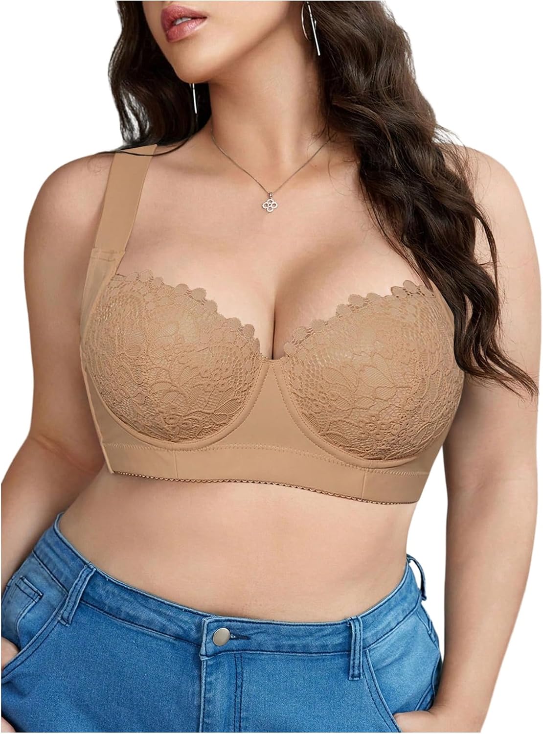 OYOANGLE Women's Plus Size Floral Lace Underwire Bra Push Up Bralette Button Back Lingerie Top