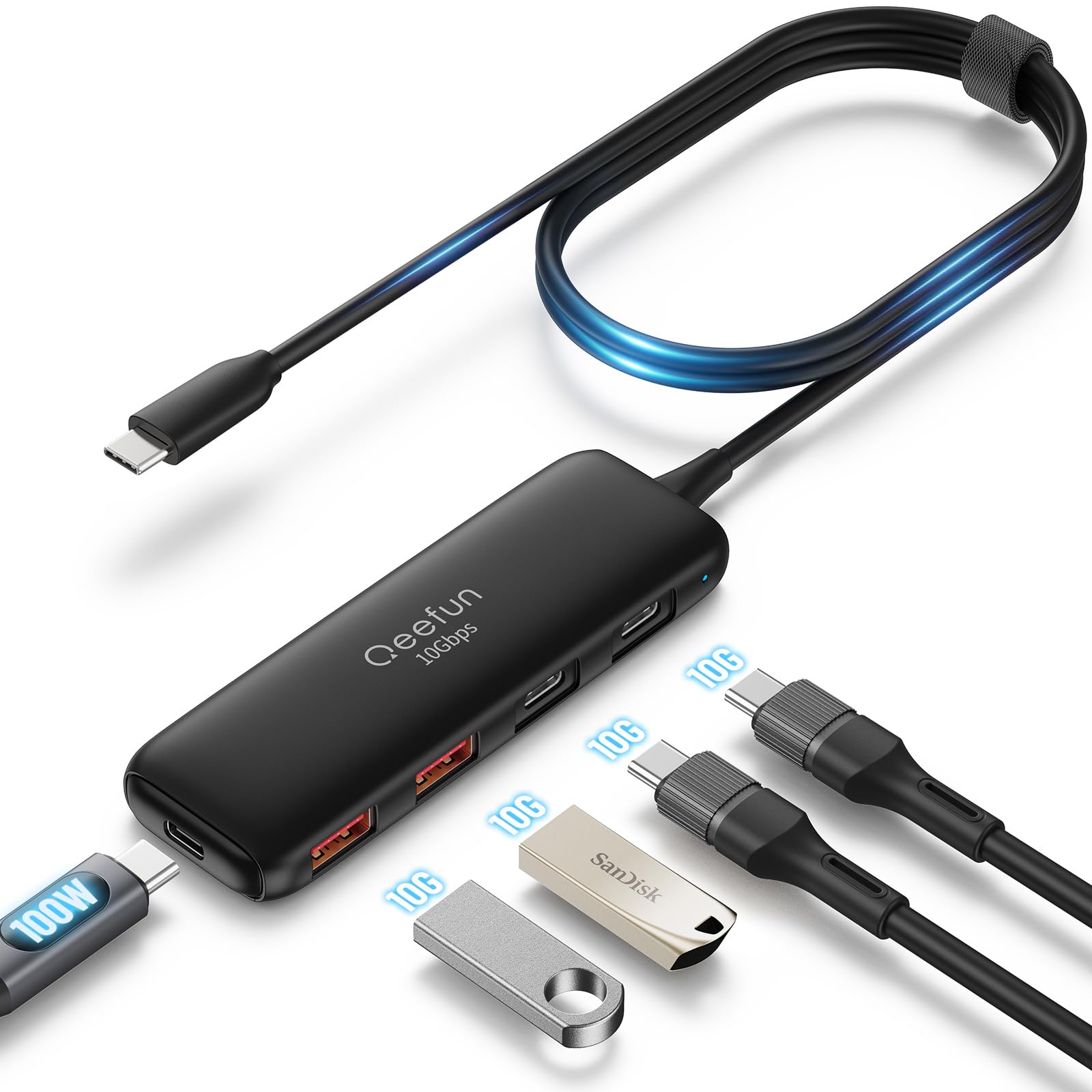 Qeefun USB C Hub 10Gbps, USB 3.2 Hub with 2 USB-C and 2 USB-A Ports, USB 3.2 Gen 2 Splitter with 100W Power Charging Port, USB Port Extender for iPhone, MacBook Air/Pro, Laptops, iPad Pro and More