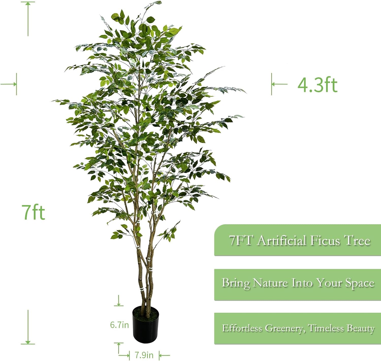 Artificial Ficus Tree 7ft,Fake Ficus Tree with Realistic Leaves and Sturdy Black Pot, Faux Ficus Tree for Indoor Outdoor Decor, Perfect for Living Room, Office, Patio, Modern Home Decor