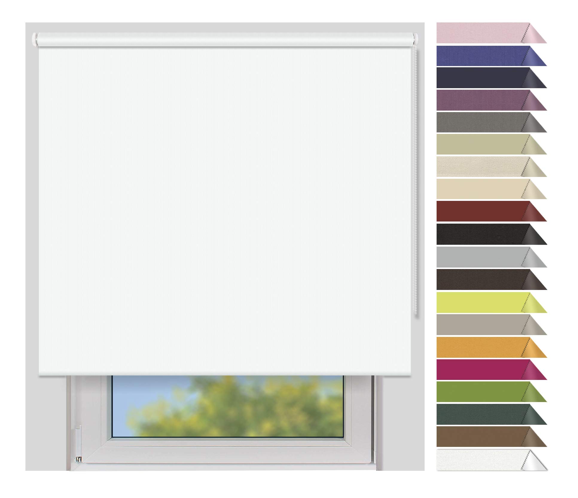 Verdunklungsrollo Medium - Rollos nach Maß - 25 mm Rollowelle - Stoffbreite bis 220 cm, Höhe bis 240 cm - Hier: bis 120 cm x 240 cm (BxH) - Weiss (7943) - mit & ohne Bohren