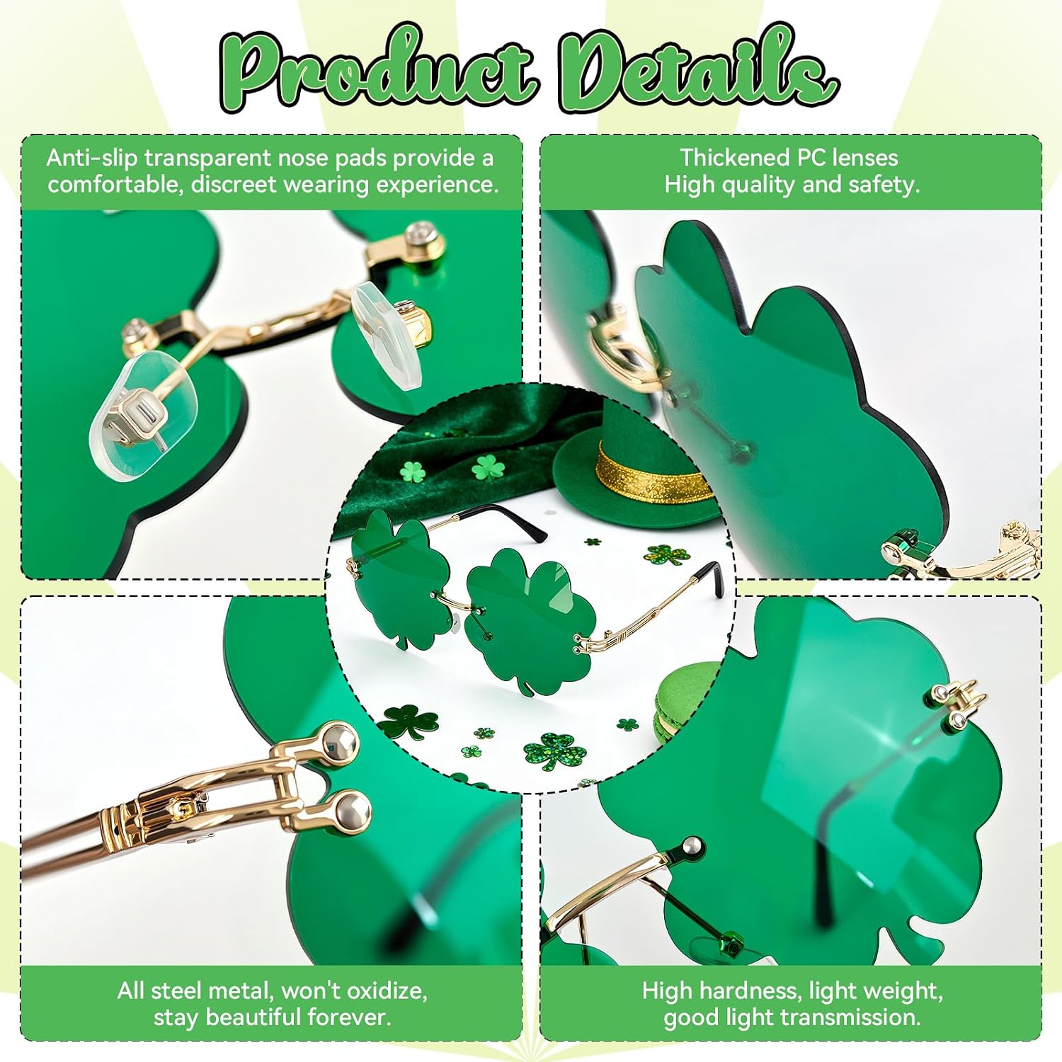 St Patricks Sunglasses, Green Four Leaf Clover Leprechaun Costume Glasses, Patrick's Day Irish Shamrock Sunglasses, for Women Men
