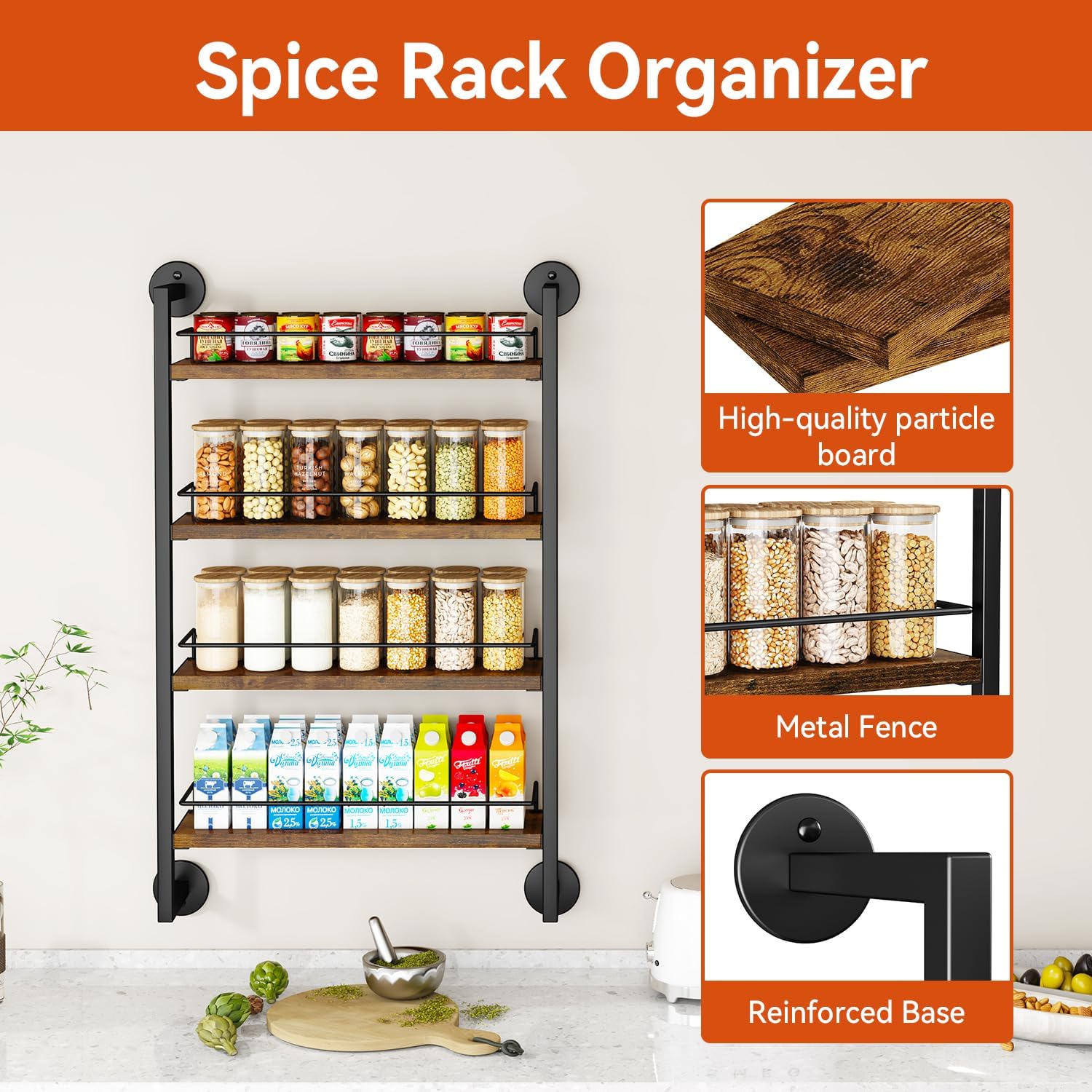 IBUYKE Spice Rack Wall Mount,4 Tier Hanging Seasoning Organizer,Large Spice Rack for Wall for up to 50 Jars,Spice Organization for Kitchen Cabinet,Bathroom,Pantry,Living Room,Brown TLJ016H - Image 6