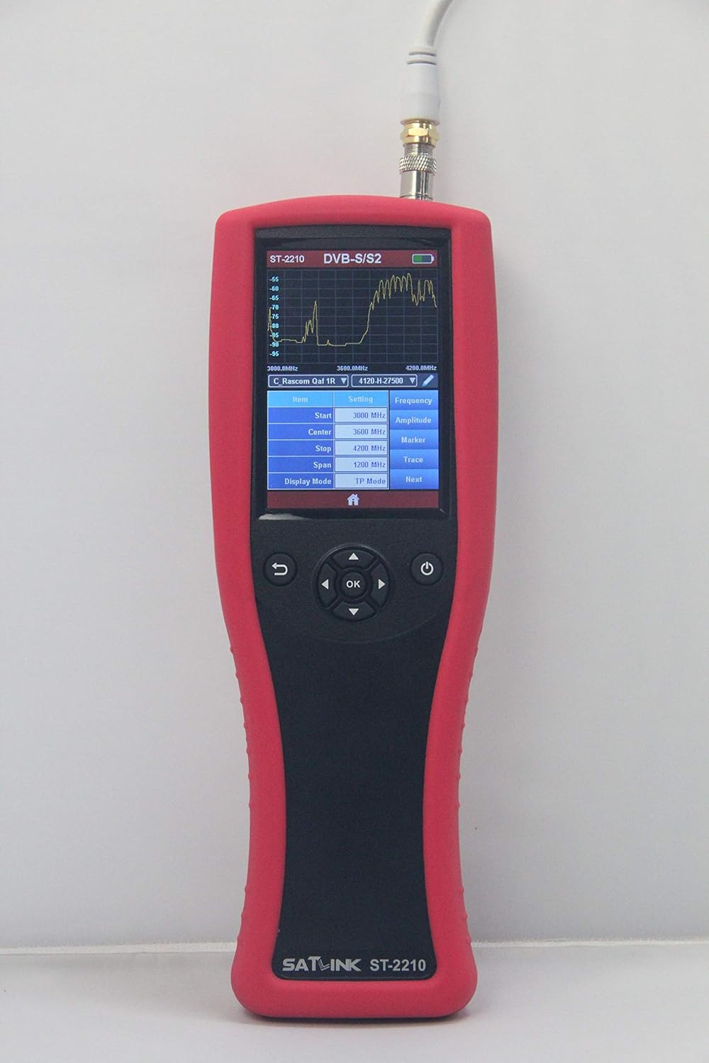 SATLINK ST-2210 screen displaying a spectrum analyzer graph