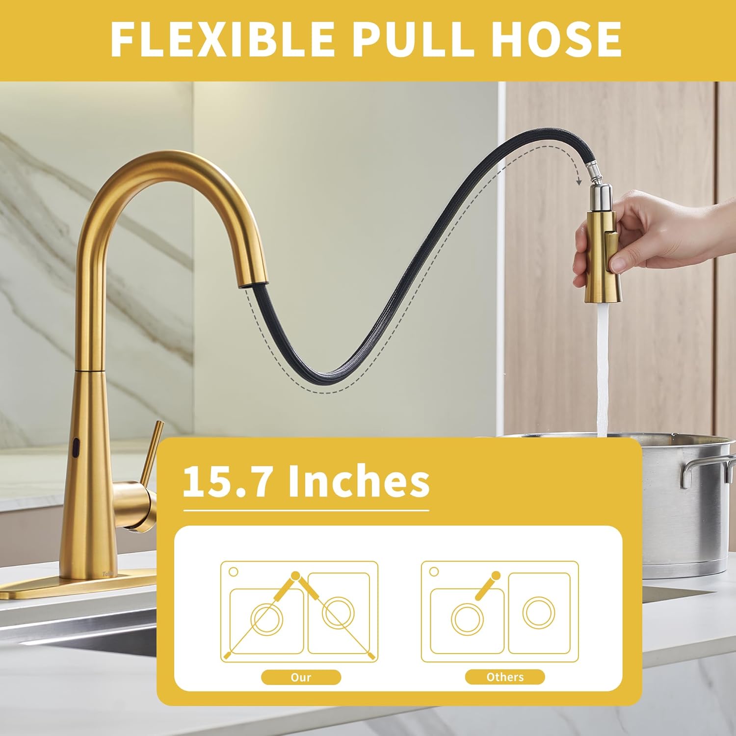 Tohlar Gold Touchless Kitchen Faucet with Pull Down Sprayer, Modern Stainless Steel Side Sensor Faucet for Sink 3 Hole, Single Handle Kitchen Sink Faucets with Deck Plate, Brushed Gold