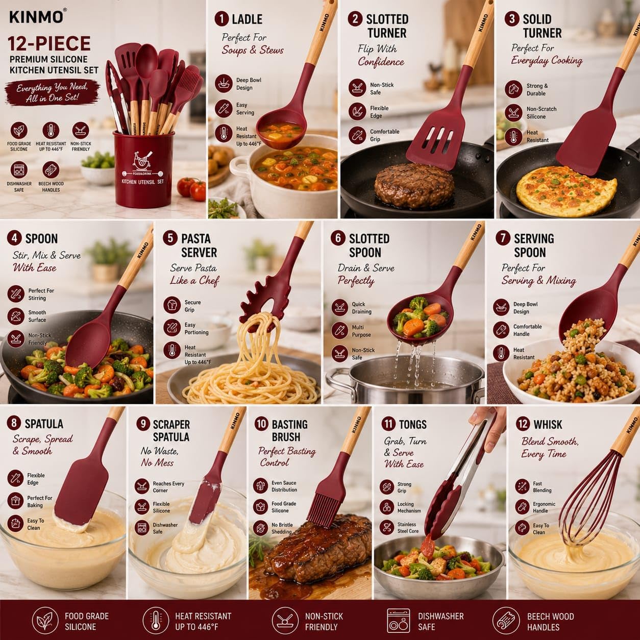 Silicone Kitchen Utensil Set with Wooden Handles, 12-Piece (Wine Red)